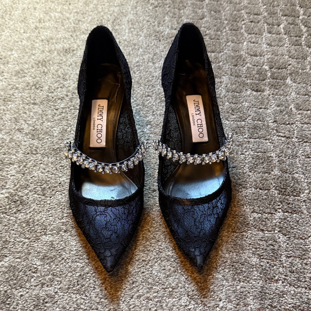 Jimmy Choo Black Lace Heels with Crystal Strap